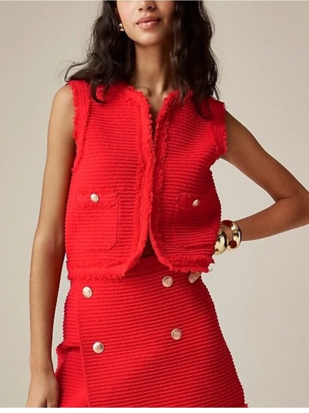 J. Crew Red Textured Knit with Gold Buttons